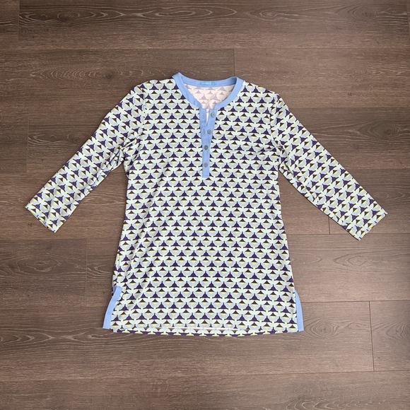 J. McLaughlin Tops - J McLaughlin Catalina Cloth Tunic Blouse Large Blue Yellow 3/4‎ Sleeve Luxury